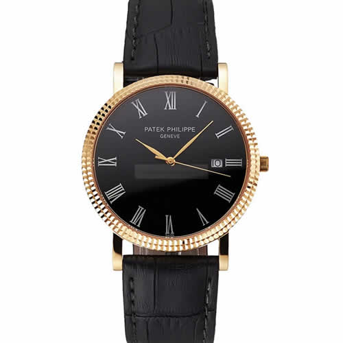 Patek Philippe Calatrava Black Dial Roman Numerals Ribbed Bezel Gold Case Black Leather Strap