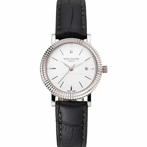 Patek Philippe Calatrava White Dial Double Ribbed Bezel Stainless Steel Case Black Leather Strap