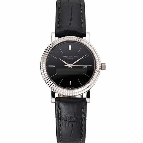 Patek Philippe Calatrava Black Dial Double Ribbed Bezel Stainless Steel Case Black Leather Strap