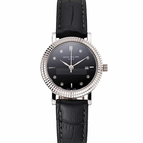 Patek Philippe Calatrava Black Dial Diamond Hour Marks Double Ribbed Bezel Stainless Steel Case Black Leather Strap