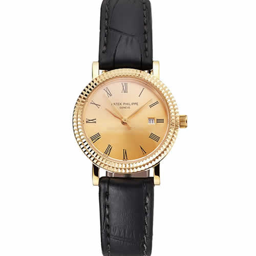 Patek Philippe Calatrava Gold Dial Roman Numerals Double Ribbed Bezel Gold Case Black Leather Strap