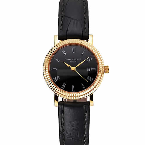 Patek Philippe Calatrava Black Dial Roman Numerals Double Ribbed Bezel Gold Case Black Leather Strap