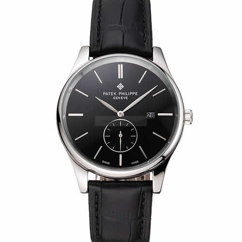 Patek Philippe Calatrava Date Black Dial Stainless Steel Case Black Leather Strap