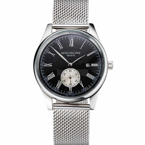 Patek Philippe Calatrava Small Seconds Black Engraved Dial Stainless Steel Case And Bracelet