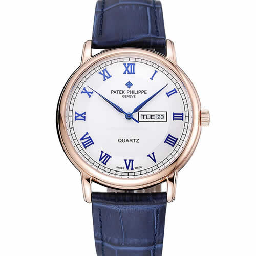 Patek Philippe Calatrava White Dial Blue Roman Numerals Gold Case Blue Leather Bracelet 1454056