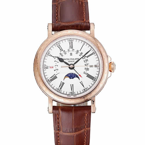 Patek Philippe Perpetual Calendar Retrograde Date White Dial Engraved Rose Gold Case Brown Leather Bracelet 1454148