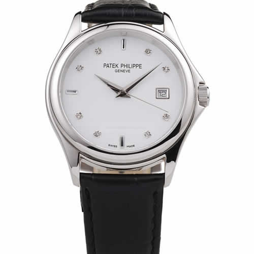 Patek Philippe Geneve Calatrava Crystal Studded Hour Marker White Dial Black Leather Strap