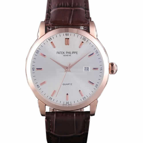 Patek Philipe Calatrava Roze Gold Polished Bezel Brown Leather Bracelet 801430