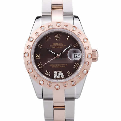 Rolex Datejust Diamonds Rose Gold Polished Bezel Brown Dial 7475