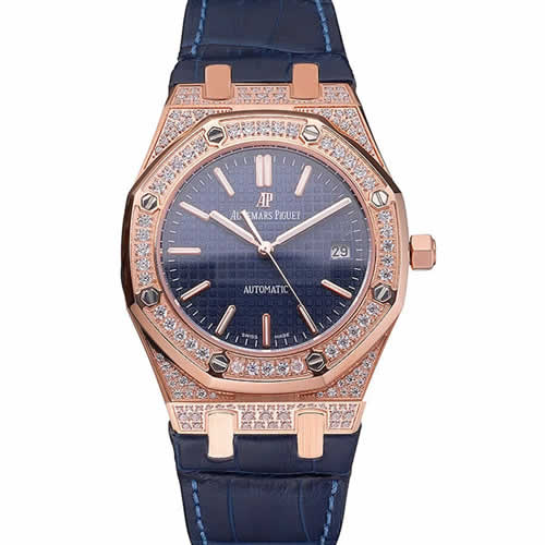Swiss Audemars Piguet Royal Oak Blue Dial Gold Case With Diamonds Blue Leather Strap