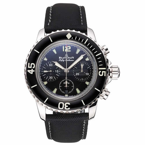 Swiss Blancpain Fifty Fathoms Flyback Chronograph Black Dial Black Bezel Stainless Steel Case Black Canvas Strap