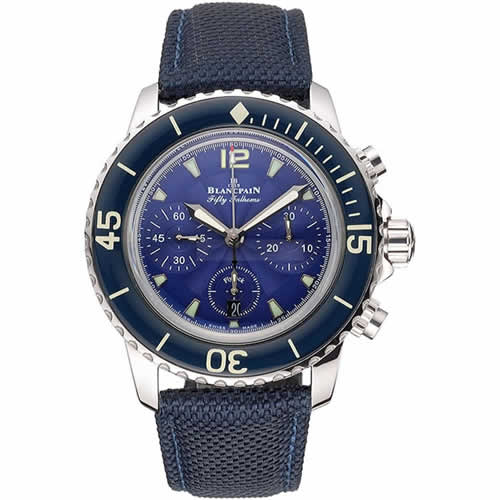 Swiss Blancpain Fifty Fathoms Flyback Chronograph Blue Dial Blue Bezel Stainless Steel Case Blue Canvas Strap