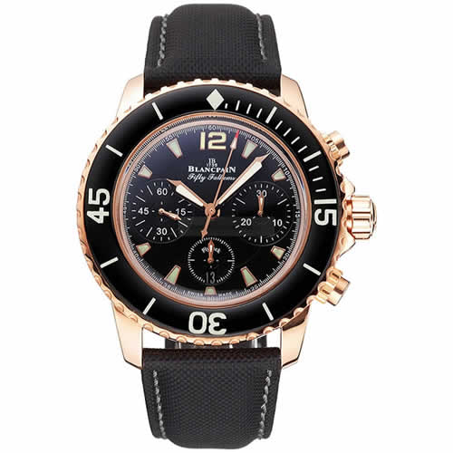 Swiss Blancpain Fifty Fathoms Flyback Chronograph Black Dial Black Bezel Rose Gold Case Black Canvas Strap