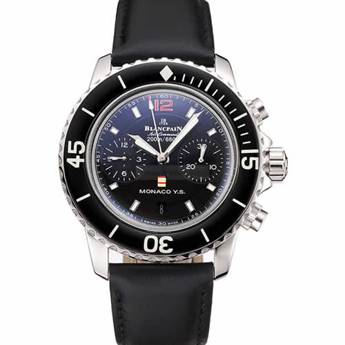 Swiss Blancpain Air Command Monaco YS Black Dial Stainless Steel Case Black Leather Strap