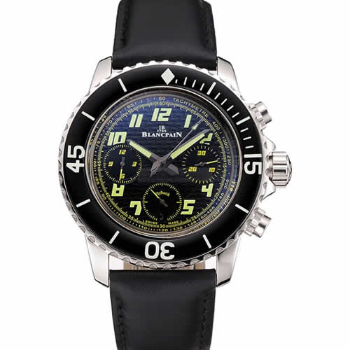 Swiss Blancpain Fifty Fathoms Flyback Chronograph Carbon Fiber Dial Stainless Steel Case Black Leather Strap