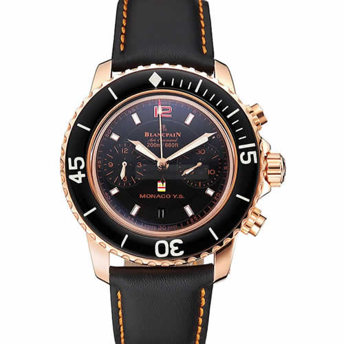 Swiss Blancpain Air Command Monaco YS Black Dial Rose Gold Case Black Leather Strap