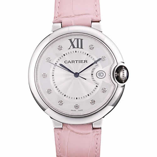 Cartier Ballon Bleu 42mm White Dial Stainless Steel Case Pink Leather Bracelet