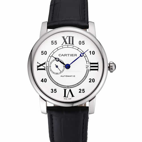 Swiss Cartier Rotonde Solo White Dial Silver Case Black Leather Strap