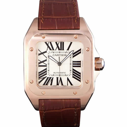 Swiss Cartier Santos Rose Gold with Brown Leather Strap  621522
