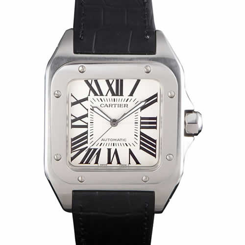 Swiss Cartier Santos Stainless Steel Bezel with Black Leather Strap  621524