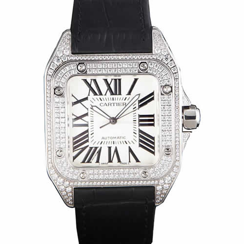Swiss Cartier Santos Silver Bezel with Diamonds and Black Leather Strap sct47  621531