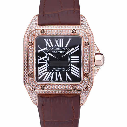 Swiss Cartier Santos Black Dial Diamonds Case Brown Leather Bracelet  622550