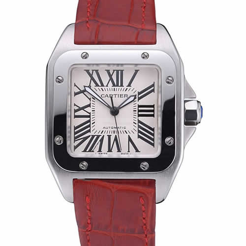 Swiss Cartier Santos White Dial Stainless Steel Case Red Leather Bracelet  622551