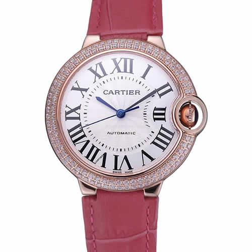 Swiss Cartier Ballon Bleu de Cartier White Dial Diamonds Case Pink Leather Bracelet  622553