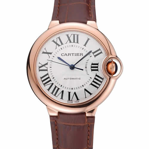 Swiss Ballon Blue De Cartier Gold Case White Dial Roman Numerals Brown Leather Bracelet   622651