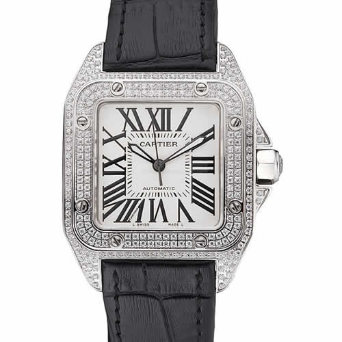 Swiss Cartier Santos Dumont Diamond Case White Dial Roman Numerals Black Leather Bracelet    622652