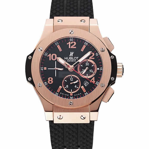 Swiss Hublot Big Bang Black Dial Rose Gold Case Black Rubber Bracelet 1453898