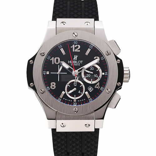 Swiss Hublot Big Bang Black Dial Silver Case Black Rubber Bracelet 1453900