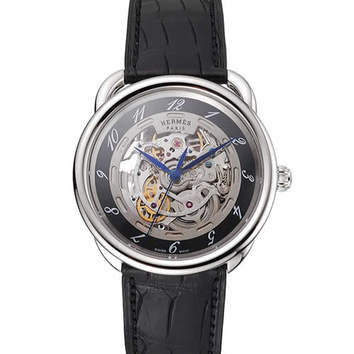 Swiss Hermes Arceau Skeleton Black Dial Blue Hands Stainless Steel Case Black Leather Strap