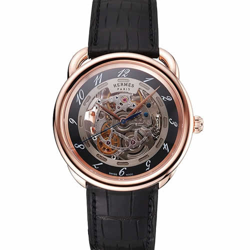 Swiss Hermes Arceau Skeleton Black Dial Brown Hands Rose Gold Case Black Leather Strap