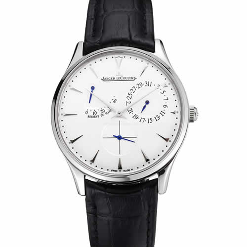 Swiss Jaeger LeCoultre Master Ultra Thin Reserve De Marche White Dial Stainless Steel Case Black Leather Strap