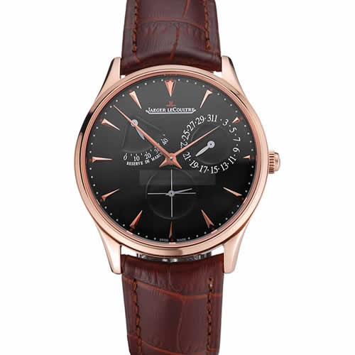 Swiss Jaeger LeCoultre Master Ultra Thin Reserve De Marche Black Dial Rose Gold Case Brown Leather Strap