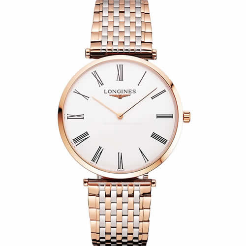 Swiss Longines Grande Classique White Dial Roman Numerals Rose Gold Case Two Tone Bracelet