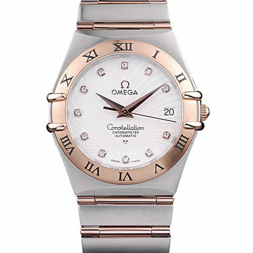 Omega Swiss Constellation Jewelry Rose Gold Case Radial Emblem White Dial
