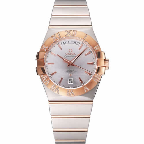 Swiss Omega Constellation White Dial Stainless Steel Case Rose Gold Bezel Two Tone Bracelet