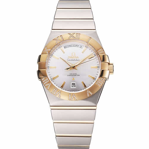 Swiss Omega Constellation White Dial Stainless Steel Case Gold Bezel Two Tone Bracelet