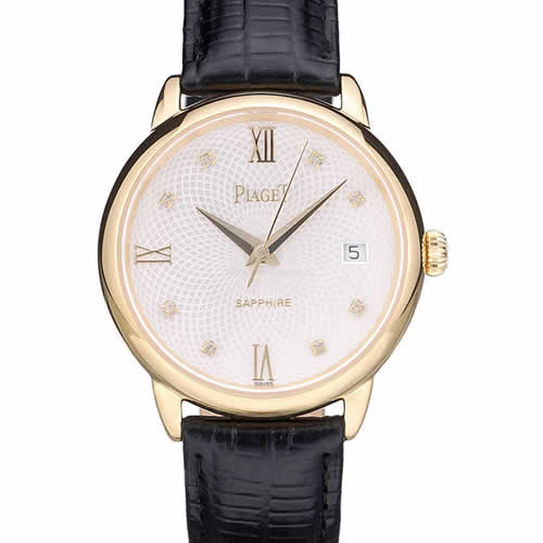 Piaget Swiss Traditional White Radial Pattern Dial Black Leather Strap 7635