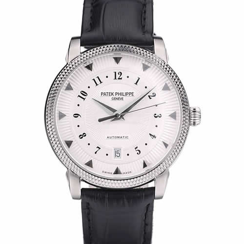 Patek Philippe Swiss Calatrava Ribbed Bezel White Dial Black Leather Strap 7657