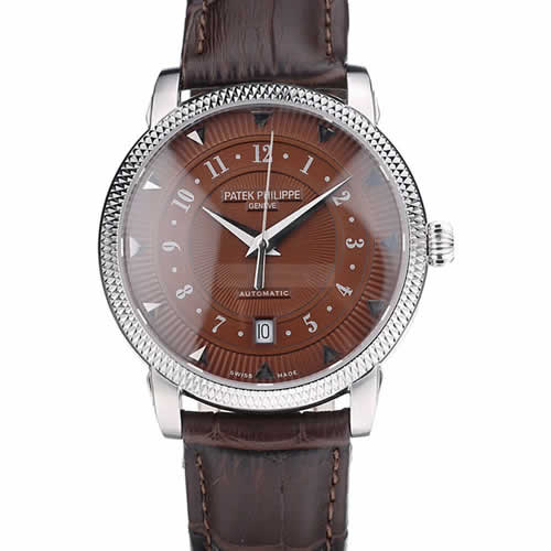 Patek Philippe Swiss Calatrava Ribbed Bezel Brown Dial Brown Leather Strap 7658