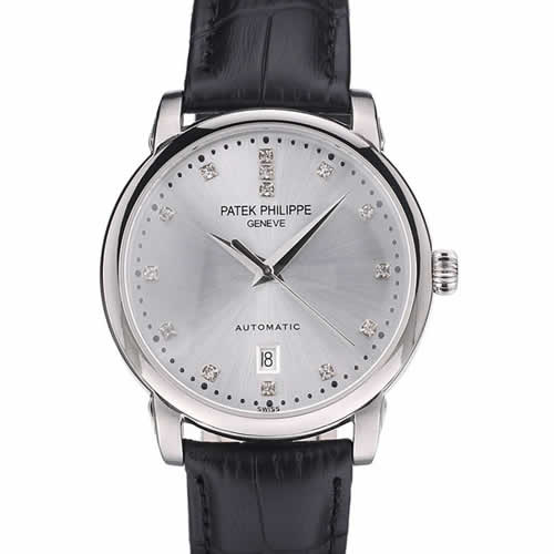 Patek Philippe Swiss Calatrava Polished Bezel Grey Dial Black Leather Strap 7659