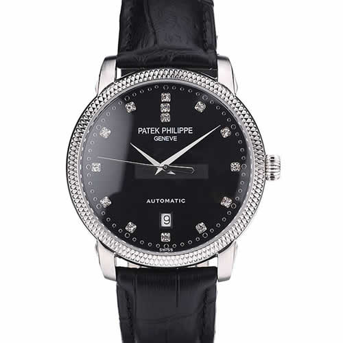 Patek Philippe Swiss Calatrava Ribbed Bezel Black Dial Black Leather Strap 7661