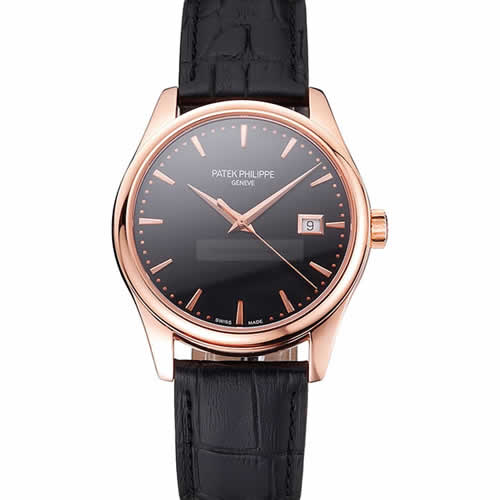 Swiss Patek Philippe Calatrava Black Dial Rose Gold Case Black Leather Strap