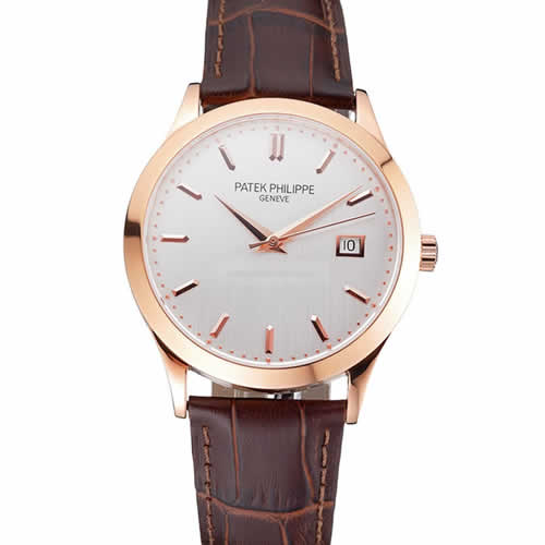 Swiss Patek Philippe Calatrava White Dial Rose Gold Case Brown Leather Strap