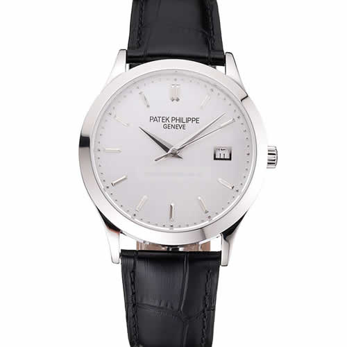 Swiss Patek Philippe Calatrava Silver Dial Stainless Steel Case Black Leather Strap