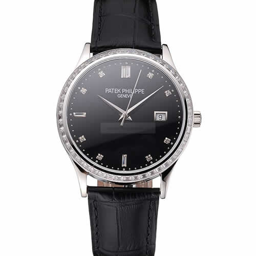 Swiss Patek Philippe Calatrava Black Dial Diamond Bezel Stainless Steel Case Black Leather Strap