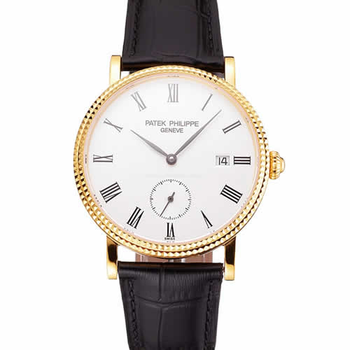 Swiss Patek Philippe Calatrava White Dial Gold Case Fluted Bezel Black Leather Strap